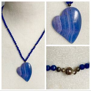 Blue lace agate stone handmade heart pendant beaded statement necklace